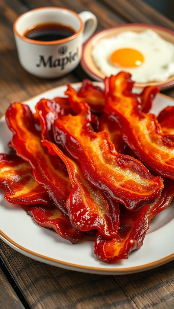Crispy oven-baked bacon slices on a plate with coffee and eggs in the background.